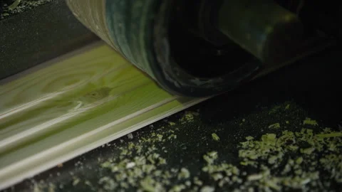 Machine is processing the long wooden planks on an industrial line at a facility Stock Footage 241969891