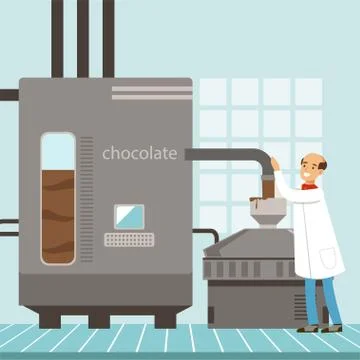 Machine for the production of chocolate, confectioner controlling the production Stock Illustration