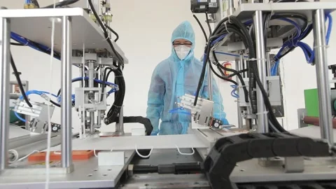 Machine for the production of a protective mask with a worker Stock Footage 138525951