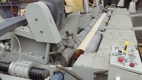 Machine for the production of veneer sheets, in the process. Rotating log is cut Stock Footage 99574365