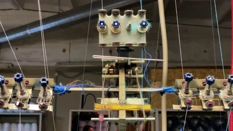 Machine pulls threads while sewing clothes or fabric, close up. Stock Footage 226066924