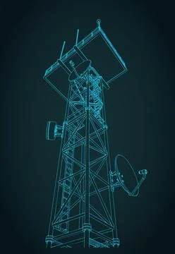 Machine radio tower low angle view blueprint, industrial radio mast Stock Illustration