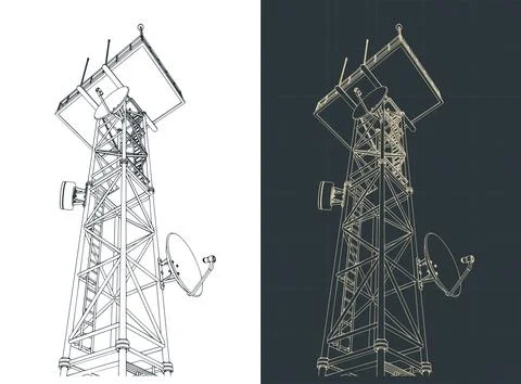 Machine radio tower low angle view blueprint, industrial radio mast line art Stock Illustration