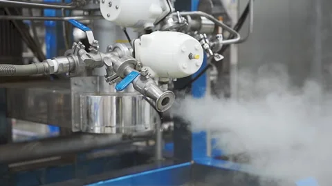 Machine Release heat and steam valve pipe close up slowmotion 50fps Stock-Footage 247404845