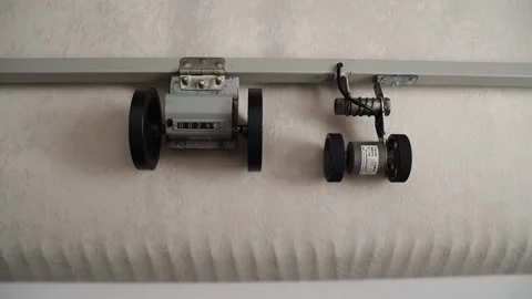 Machine with rotating rollers scrolls beige fabric Video stock 183459126