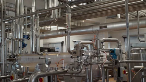 Machine setting in a factory with pipes panorama. Workplace at factory industry Stock Footage 155519795
