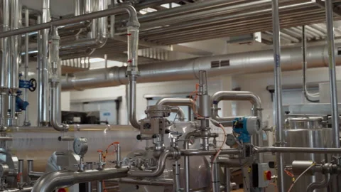 Machine setting in a factory with pipes panorama. Workplace at factory industry 스톡 동영상 155520442