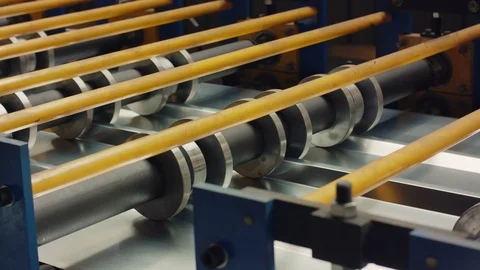 Machine for slitting/cutting/stripping steel sheets, close-up. Stock Footage 121190401