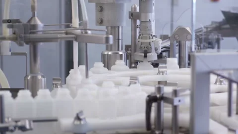 The machine spins the caps on the bottles Stock Footage 91610076