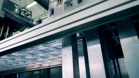 Machine squeezing tray lids out of the plastic sheet and stacking them Stock Footage 145046813