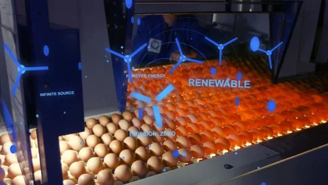 Machine start moving conveyor, eggs shifting under rotating AR overlay, showing Stock Footage 333830304