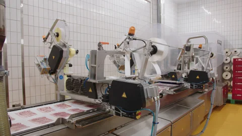 Machine for sticking labels on packaging. Thinly sliced bacon being prepared for Stock Footage 205489488