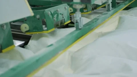 Machine stuffing down a blanket in a factory Stock Footage 279919435