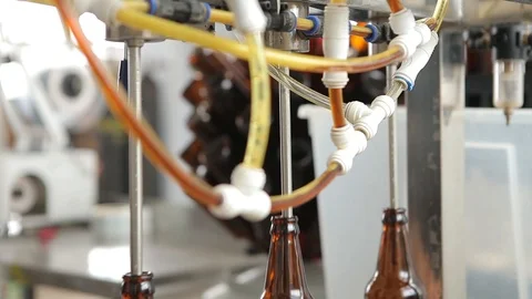 The machine substitutes the bottles under the nozzle to fill them with beer. Stock Footage 113523010