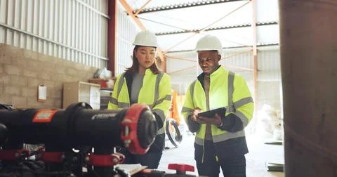 Machine, team or tablet with inspection at water plant for pressure data Stock Photos