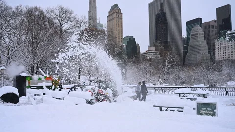 Machine throwing snow on plaza in Central Park, New York Stock Footage 342332112