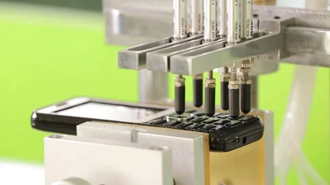 Machine tool testing mobile phone buttons in laboratory Stock Footage 162918545