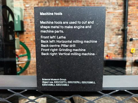 Machine tools exhibit sign at Science Museum Group workshop in Manchester U.. Foto stock