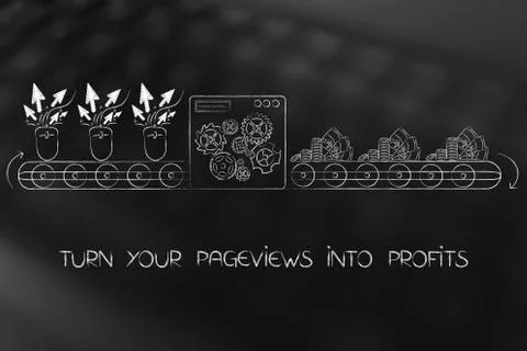 Machine turning computer mouse clicks into cash and coins, internet profits Illustrazione stock