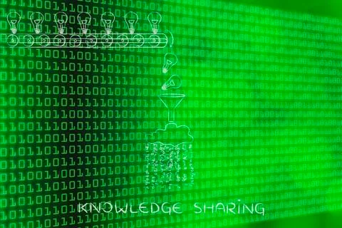 Machine turning ideas (lightbulbs) into data, knowledge sharing Illustrazione stock