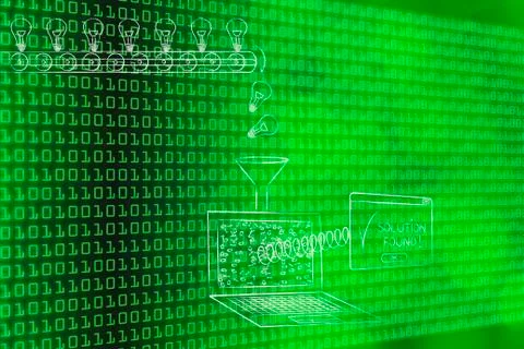 Machine turning knowledge (lightbulbs) into solutions Stock Illustration