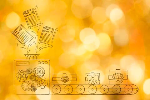 Machine turning Santa's letters into wrapped presents Stock Illustration