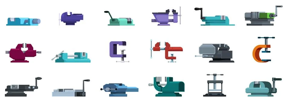 Machine vice icon set. Different bench vises holding objects firmly for var.. Stock Illustration