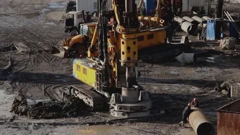Machine work on installing bored piles Stock Footage 74019393