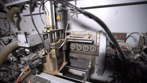 A machine is working in the workshop to shape various materials. Chips fall 库存影片 332668780