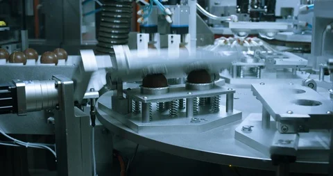 Machine wrapping chocolate balls in silver foil in a chocolate factory Stock Footage 104000840