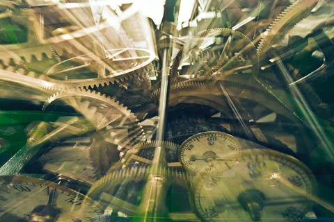 Machinery, closeup and inside a clock with parts for creative, design and time Stock Photos
