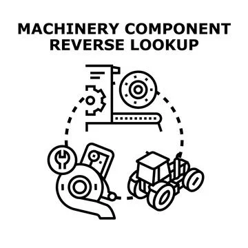 Machinery component reverse lookup research and identifying spare parts Stock Illustration