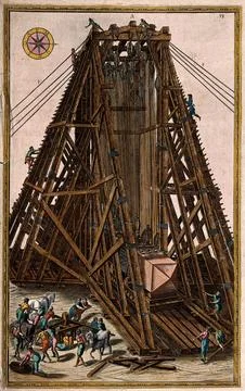 Machinery: plan and elevation of scaffolding erected to raise an obelisk in.. Stock Illustration