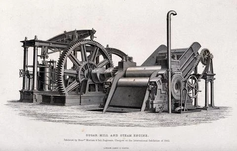 Machinery: a steam-driven sugar mill. Engraving by J. S. Virtue, 1862. Stock Illustration