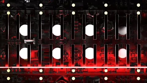 Machinery Wall with Round White Lights and Glowing Grille Bars Stock Footage 346780797