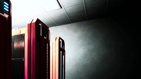 Machines in a dim room with bright lights in a technology setting Stock Footage 342048743