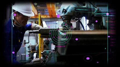 Machinist aligning workpiece pulling lever machining metal under spindle while Stock Footage 333539695
