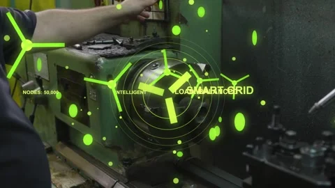 Machinist turning red knob on panel, activating AR overlay aligning to chuck, Stockbeeldmateriaal 331820900