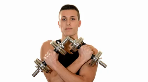 Macho boy with dumbbells 스톡 동영상 33363496