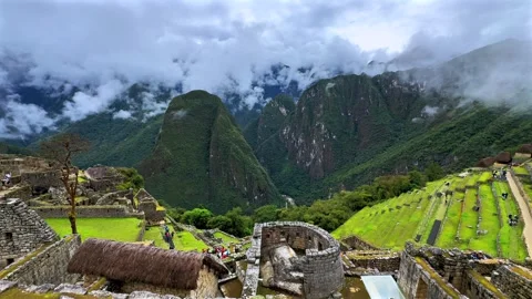 Machu Picchu circuit landscape view sunny cloudy morning Peru Perú aerial drone Stock Footage 326277334