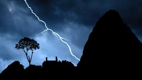 Machu Picchu, Lightning and Thunderstorm Flash Over the Lost Inca City Stock Footage 126820880