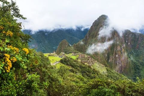 Machu Picchu, panoramic view of peruvian incan town Stock Photos