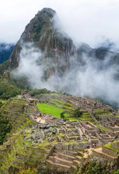 Machu Picchu, panoramic view of peruvian incan town Stock Photos