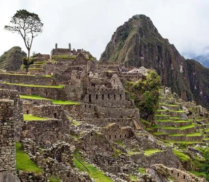 Machu Picchu, panoramic view of peruvian incan town Stock Photos