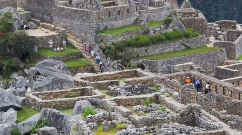 Machu Picchu wide angle in time lapse showing people moving around Stock Footage 33831480