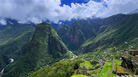 Machu Pichhu Inca Citadel circuit trail terrace Urubamba River Valley Aguas Stock Footage 325759712
