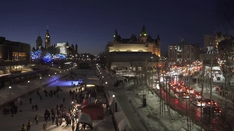 Mackenzie Bridge Downtown Ottawa Winter/ Night Stock Footage