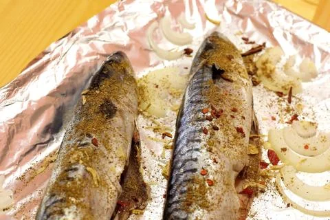 Mackerel fish is ready for baking Stock Photos