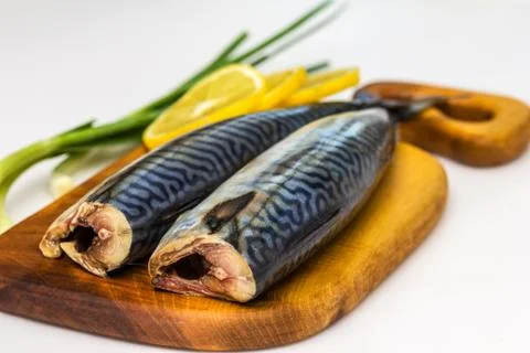 Mackerel Fish (Scomber scrombrus) over white background Stock Photos