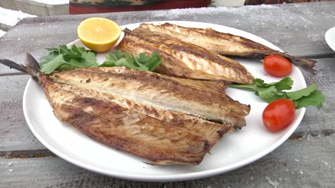 Mackerel fried on the grill lies on a plate. The grilled fish on a plate Stock Footage 104942883